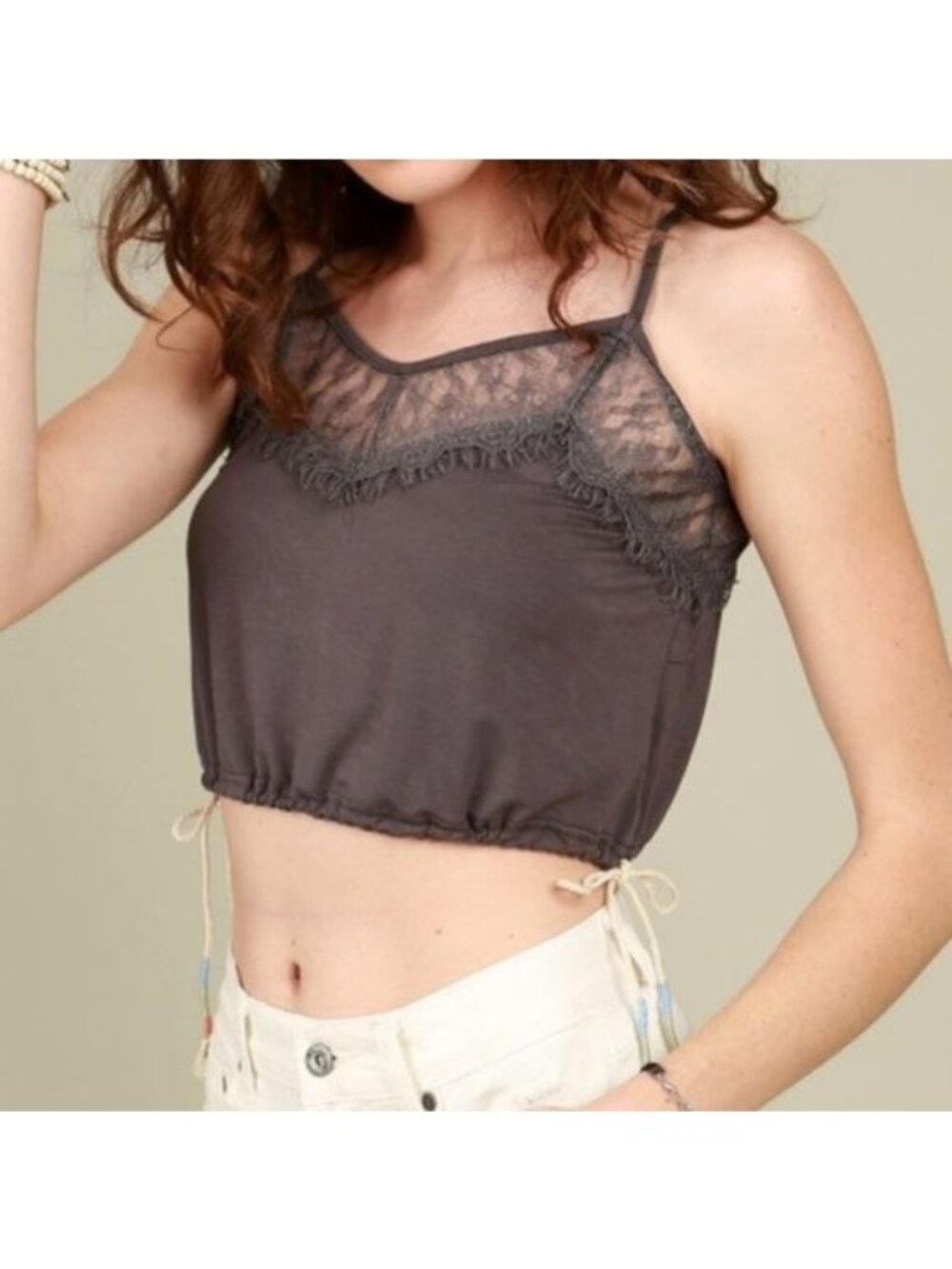 Pol Charcoal Lace Contrast Crop Top With Adjustable Ties & Straps